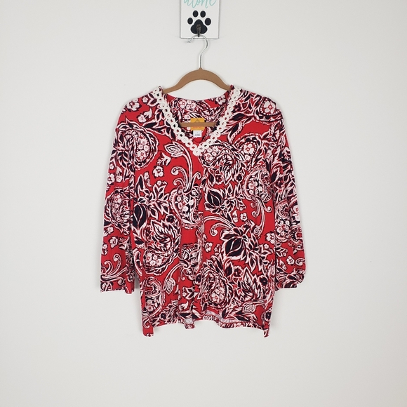 Women’s Paisley Print Tunic Red Black Ikat Top - Picture 1 of 6